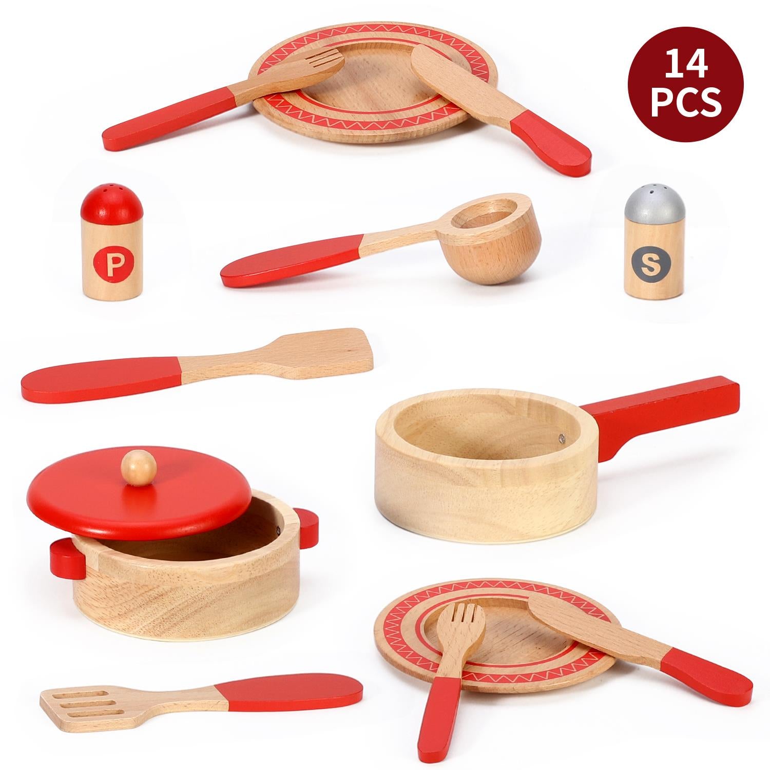 SOKA Play Imagine Learn Wooden Cooking Set for Kids with Saucepan, Frying Pan, Utensils, Plates, Salt and Pepper