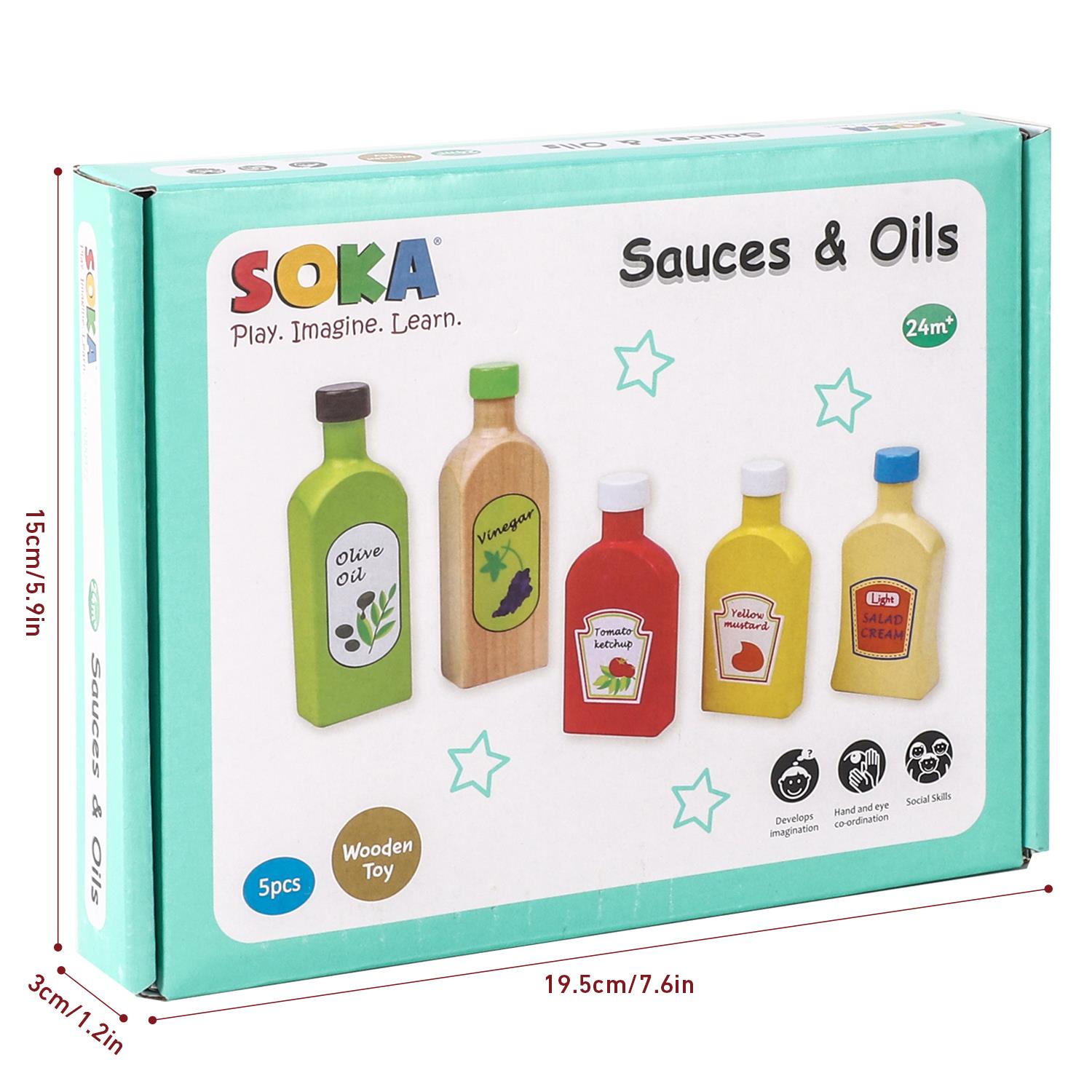 SOKA Wooden Sauces and Oils Set of 5, Play Food Bottles for Kids