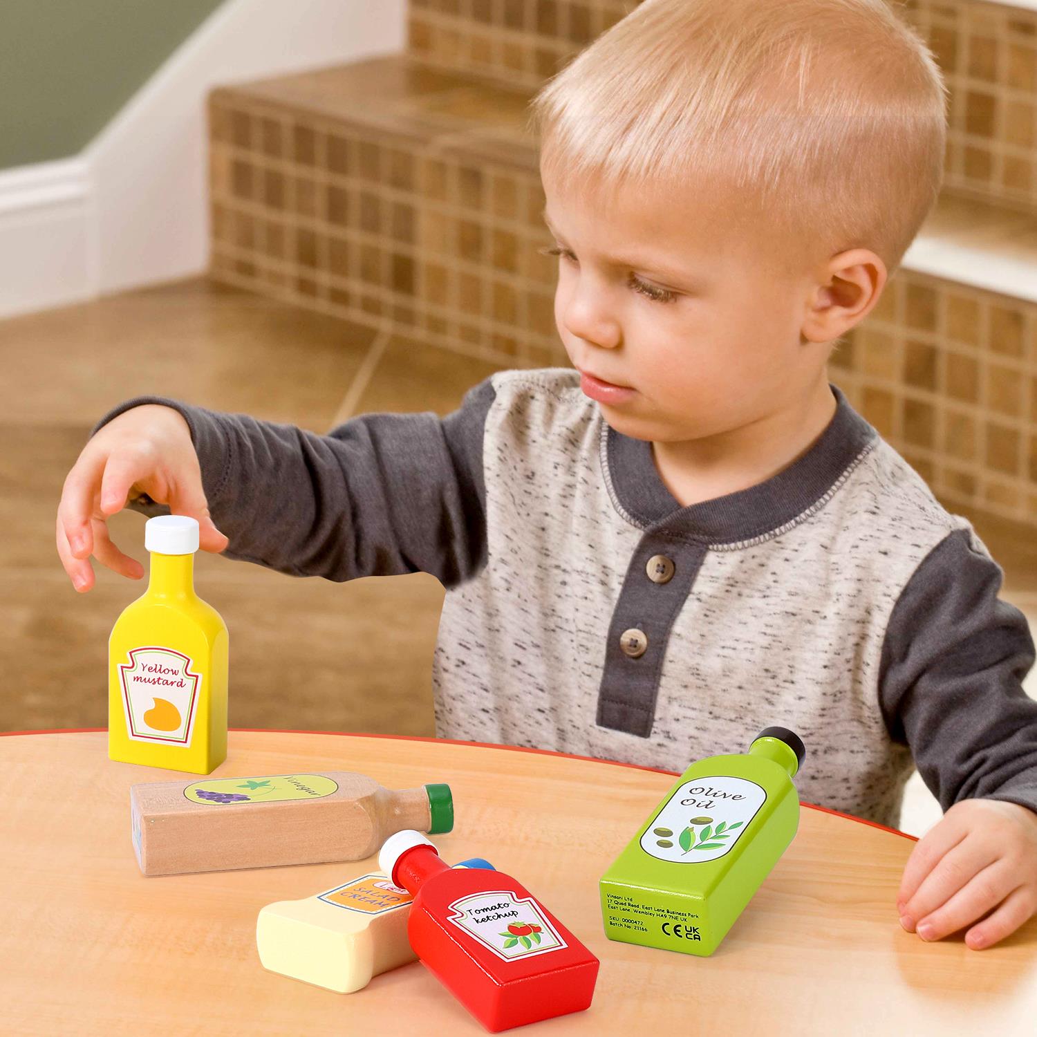 SOKA Wooden Sauces and Oils Set of 5, Play Food Bottles for Kids