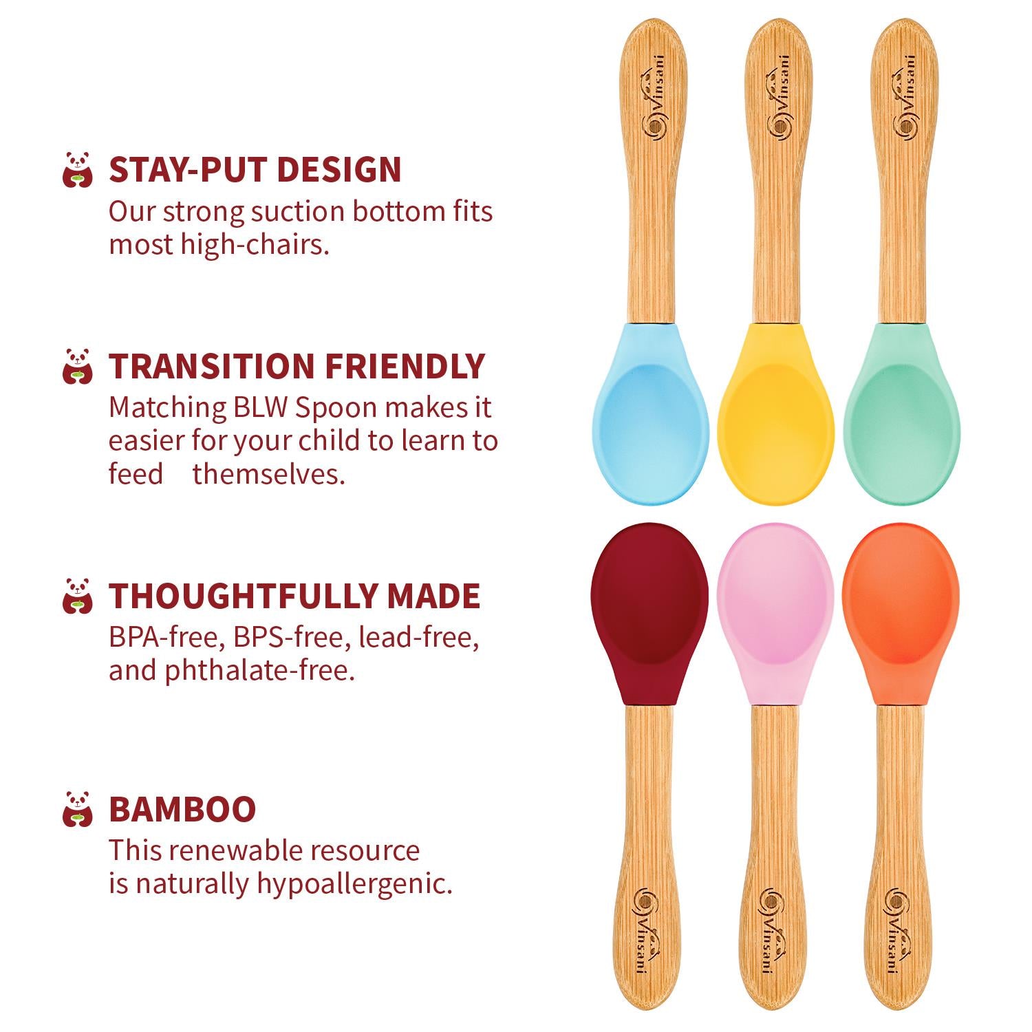 Vinsani 6-Piece Bamboo and Silicone Baby Toddler Spoon Set for Weaning