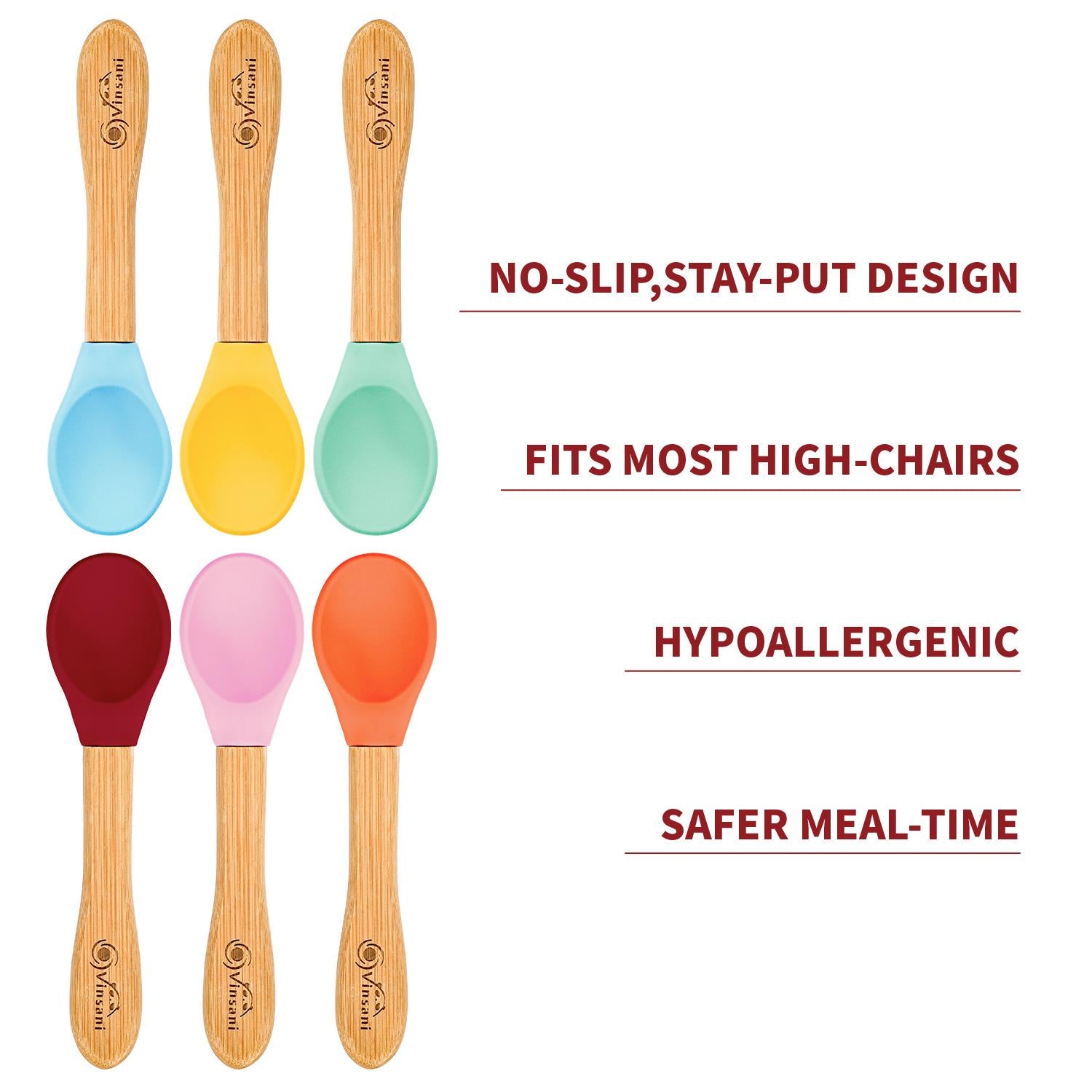 Vinsani 6-Piece Bamboo and Silicone Baby Toddler Spoon Set for Weaning