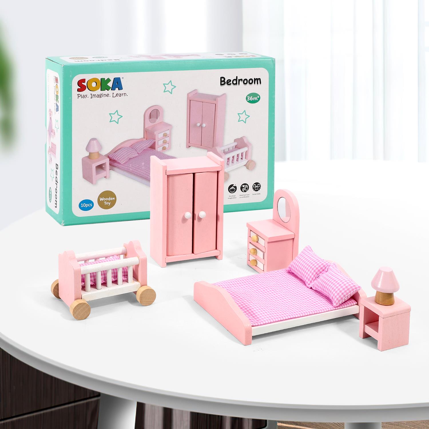 SOKA Play Imagine Learn 6-Piece Wooden Dollhouse Bedroom Furniture Set