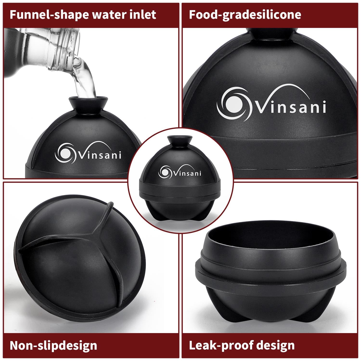 Vinsani 2 Pack Large Silicone Ice Ball Moulds with Lids