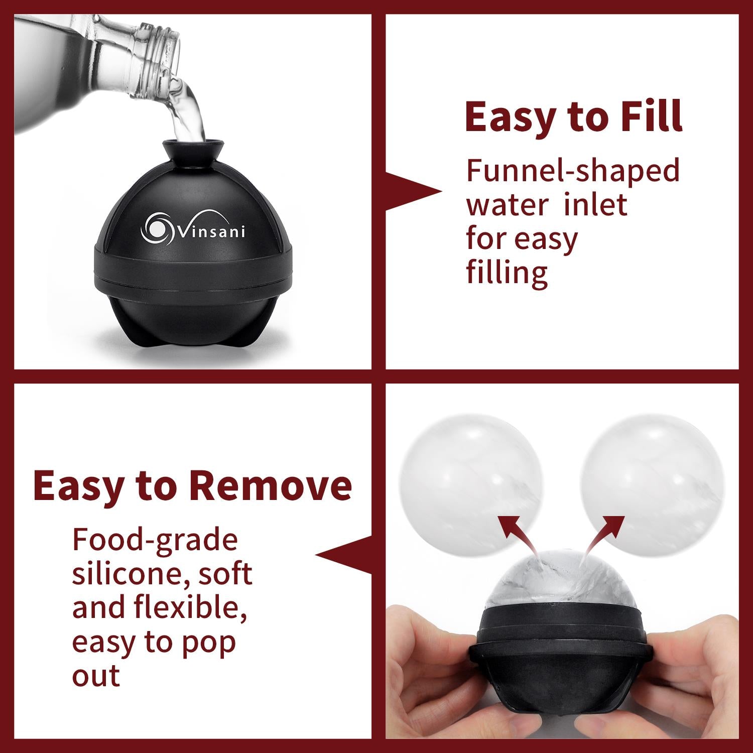 Vinsani 2 Pack Large Silicone Ice Ball Moulds with Lids
