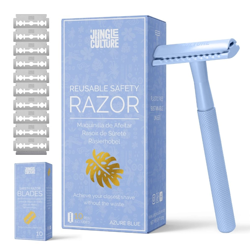 Jungle Culture Women's Reusable Safety Razor With 10 Blades - Premium Eco Single Blade Razor, Azure Blue