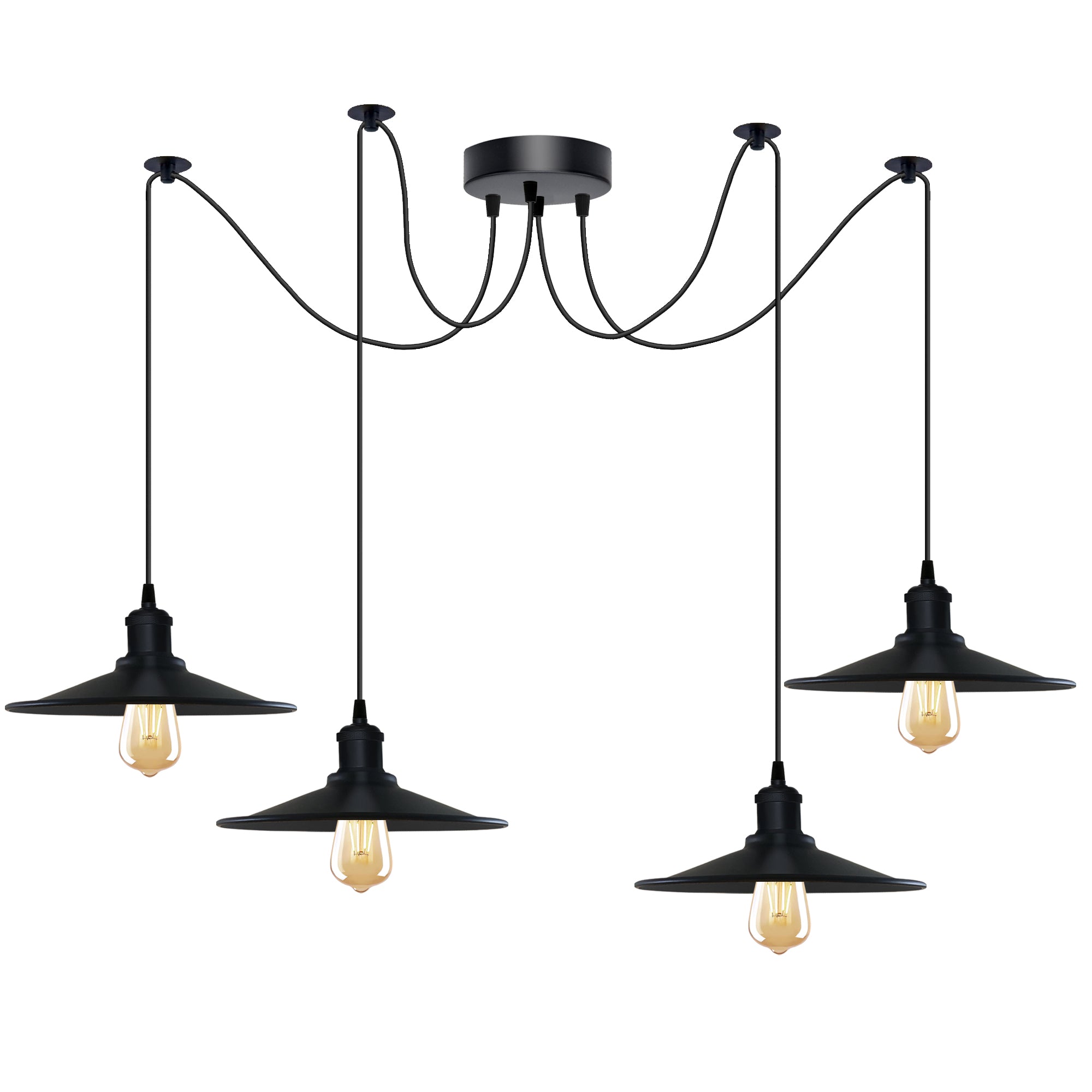 Black Vintage 4-Head Cone Shade Ceiling Pendant Light, Adjustable Cord