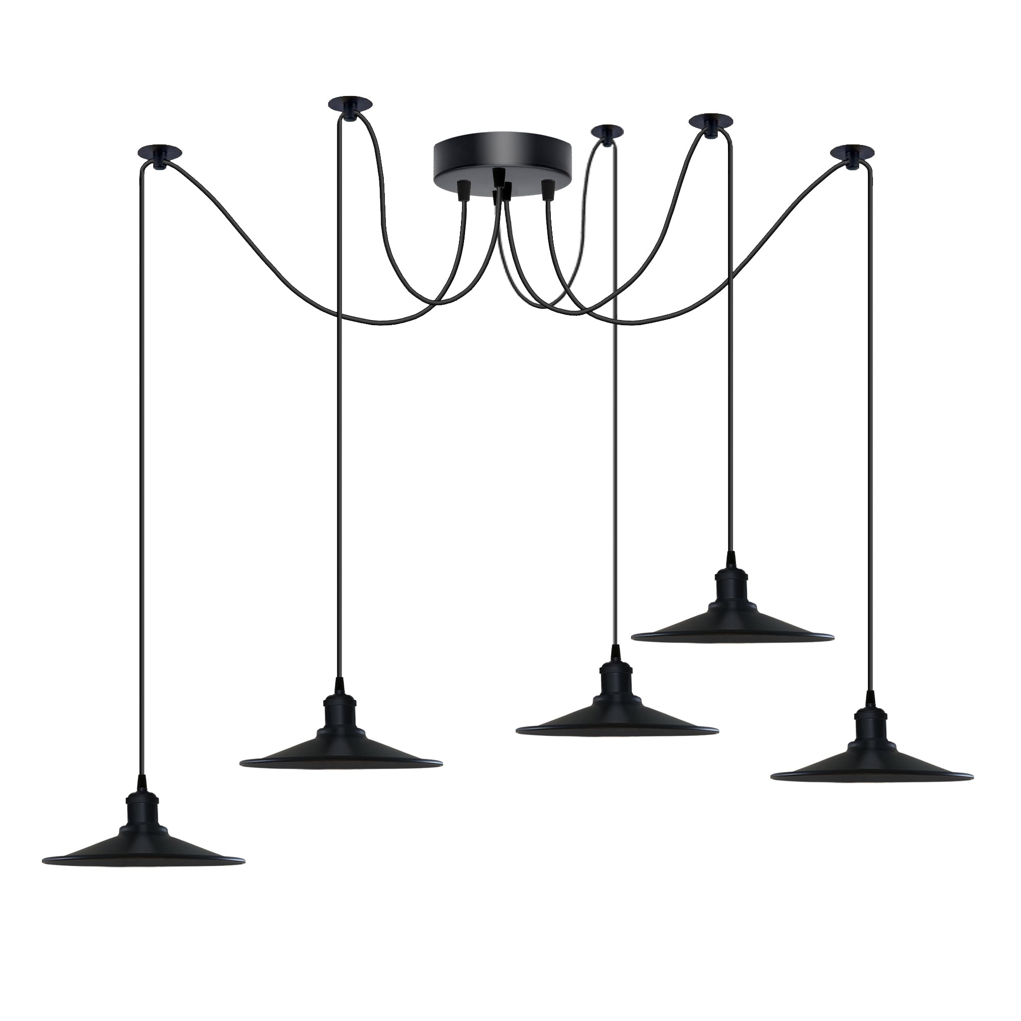 Black Vintage 5-Head Cone Shade Ceiling Pendant Light, Adjustable Cord