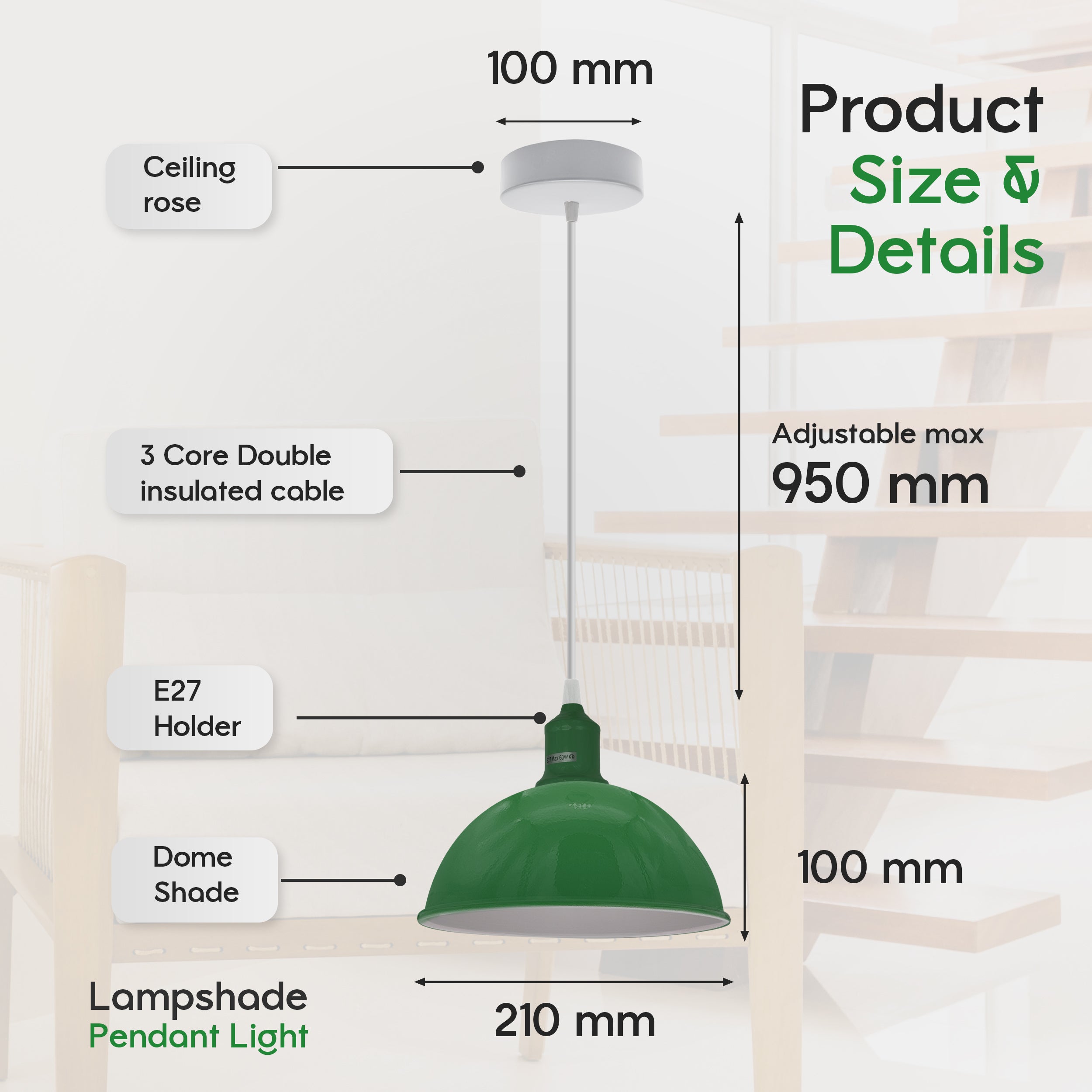 2 Pack Vintage Retro Dome Metal Pendant Light Shades, Inner White