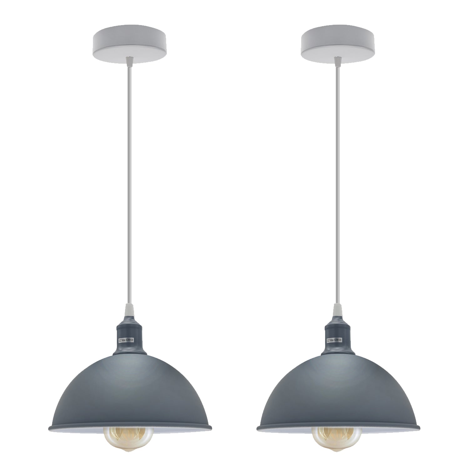 2 Pack Grey Dome Metal Ceiling Pendant Lamp Shades, Inner White