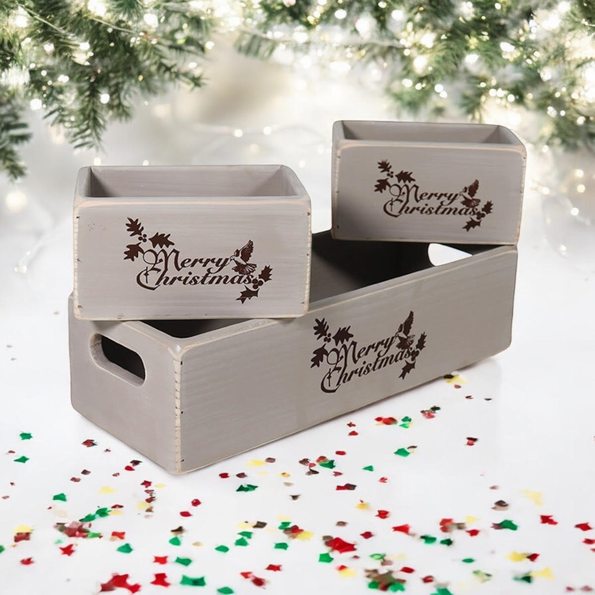 MSL Set of 3 Rustic Grey Wooden Christmas Boxes