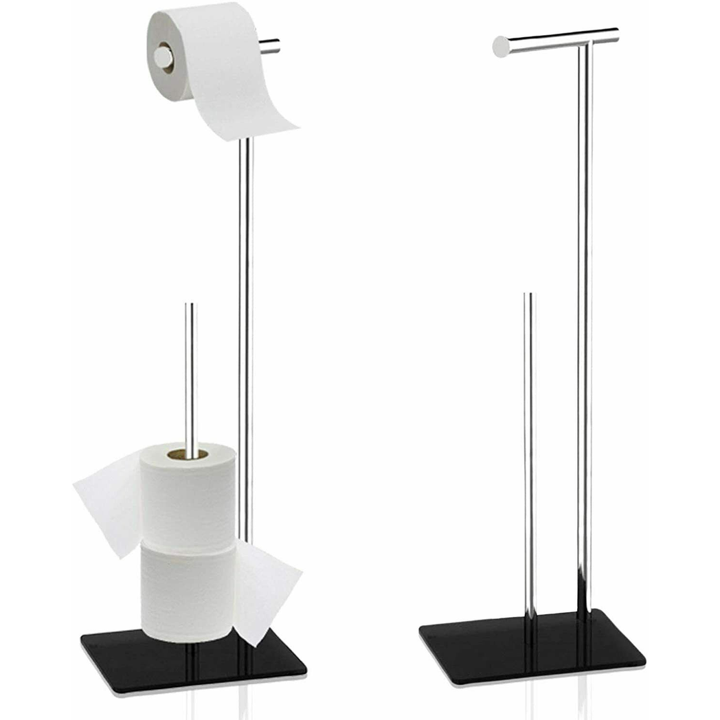 Free-Standing Stainless Steel Toilet Roll Holder and Storage Stand with Black Tempered Glass Base