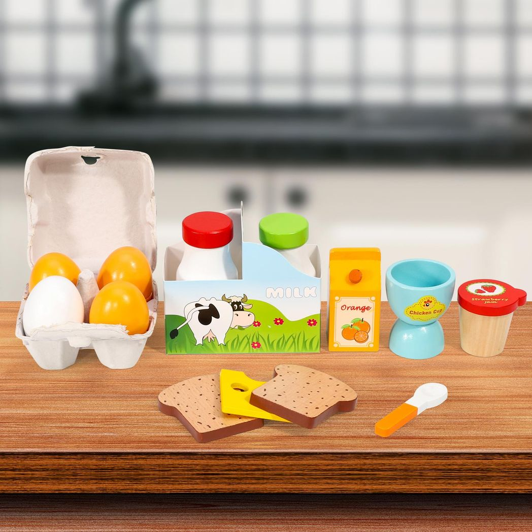 SOKA Wooden Breakfast Play Set for Dolls, Pretend Food Toy with Eggs, Milk, Juice, Toast, Jam and Cheese