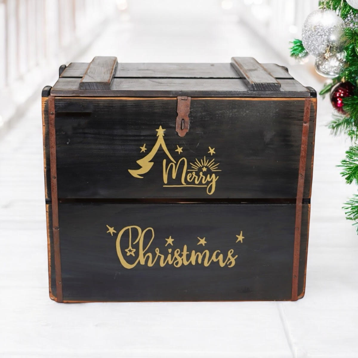 MSL 42cm Black Wooden Christmas Box with Lift-Up Lid, Hand Finished