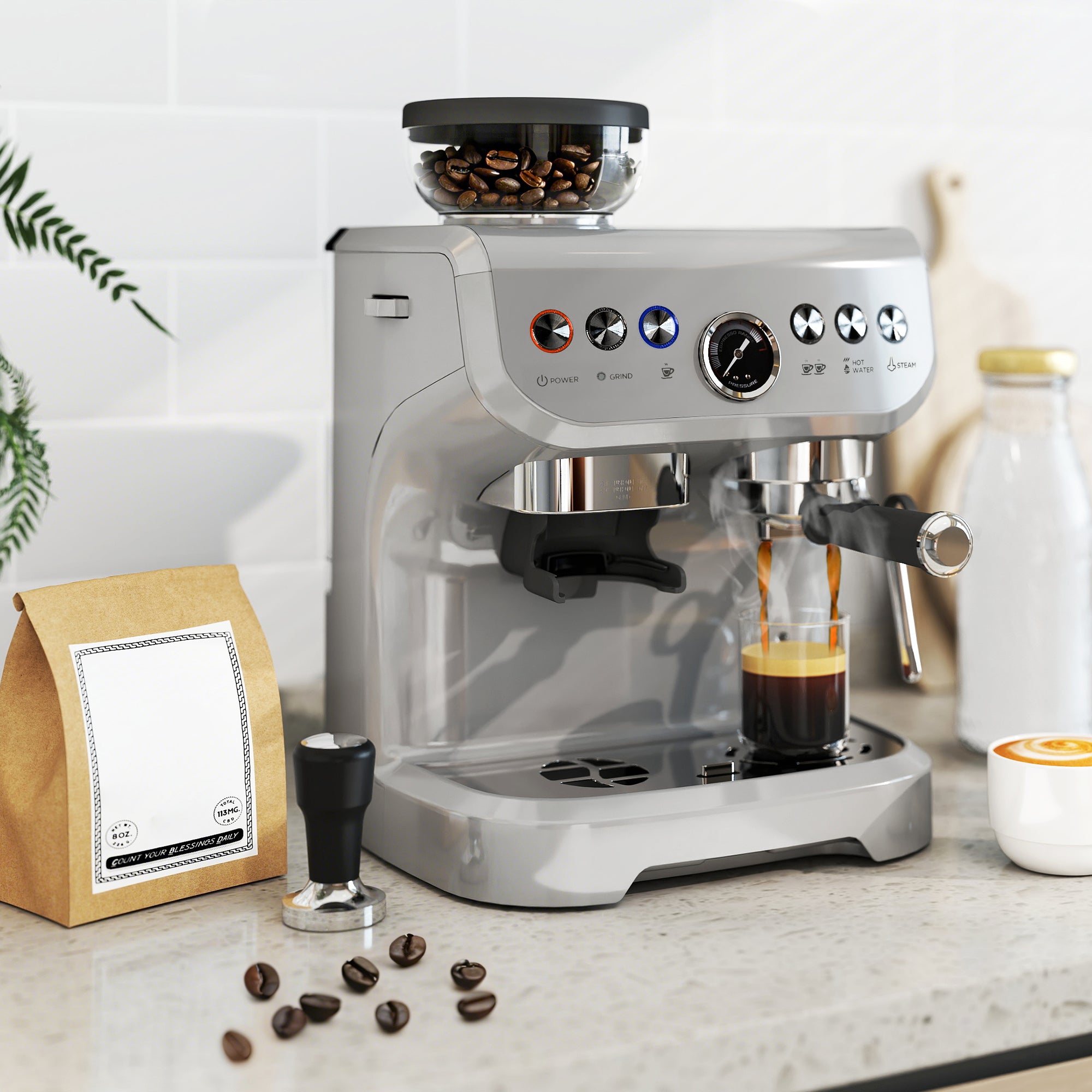 HOMCOM Espresso Machine with Bean Grinder, Steam Wand, 15 Bar, Silver