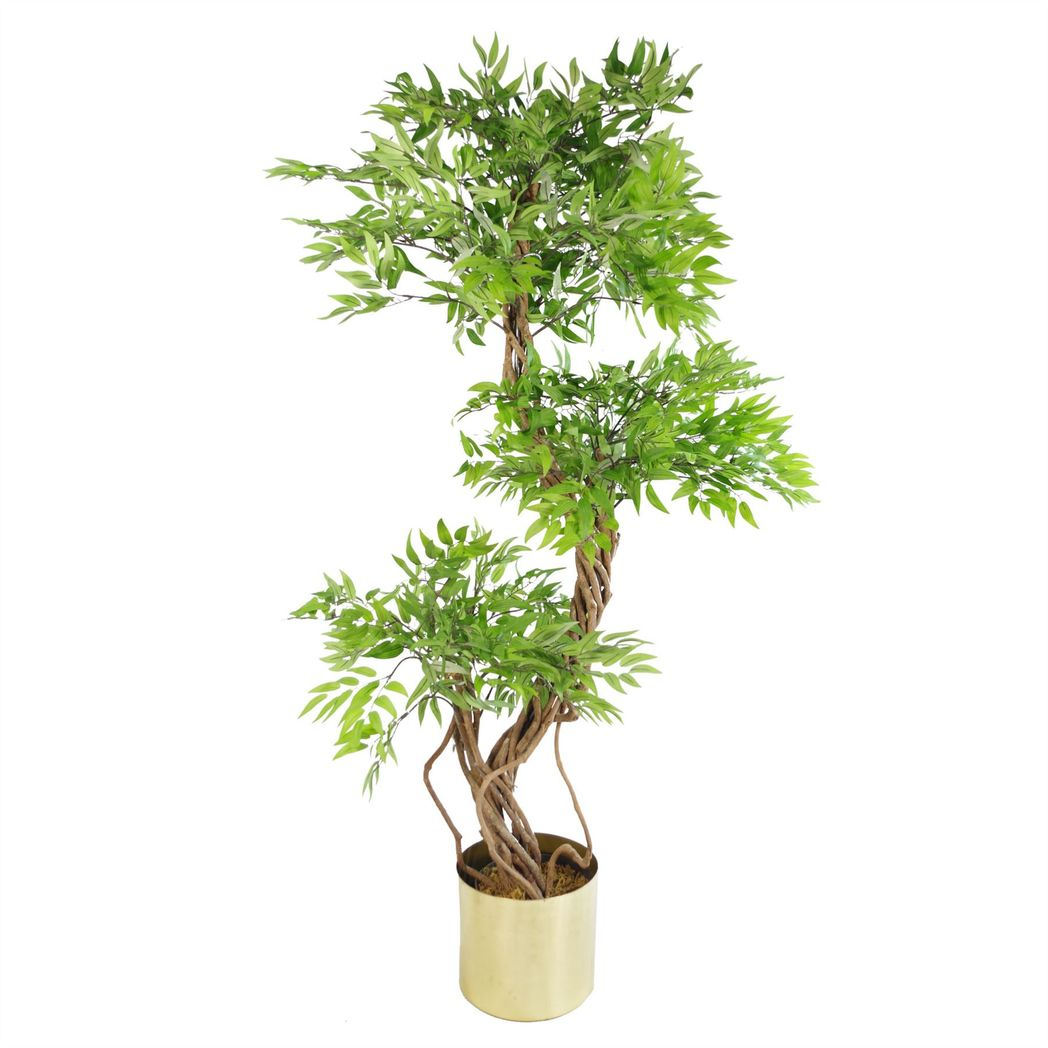 140cm Realistic Artificial Ruscus Tree with Natural Wood Trunk in Black Plastic Pot