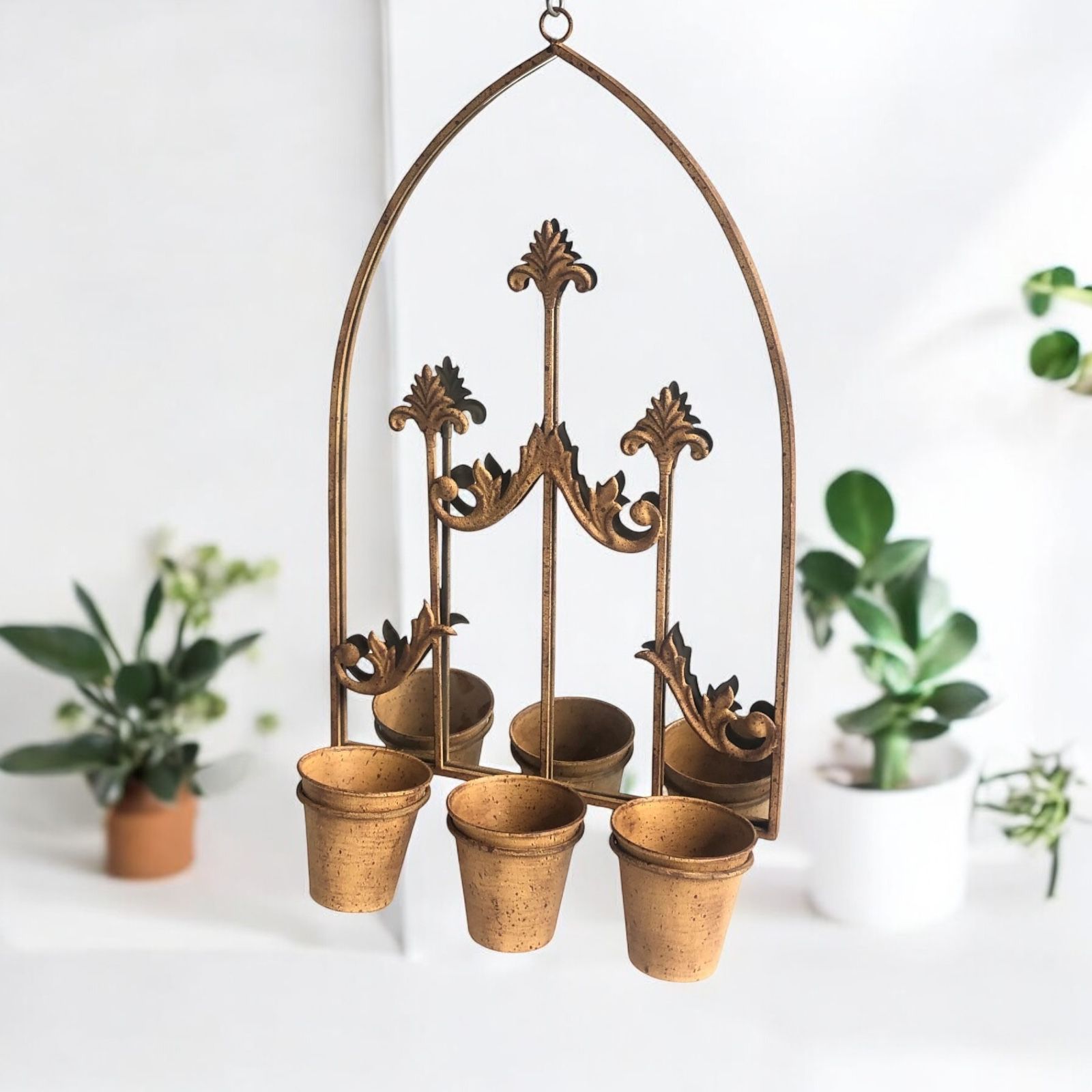 MSL 75cm Rusty Wall Mirror with 3 Planter Holders and Pots