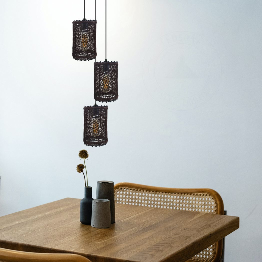 3 Head Round Base Natural Wicker Rattan Ceiling Pendant Light Shade