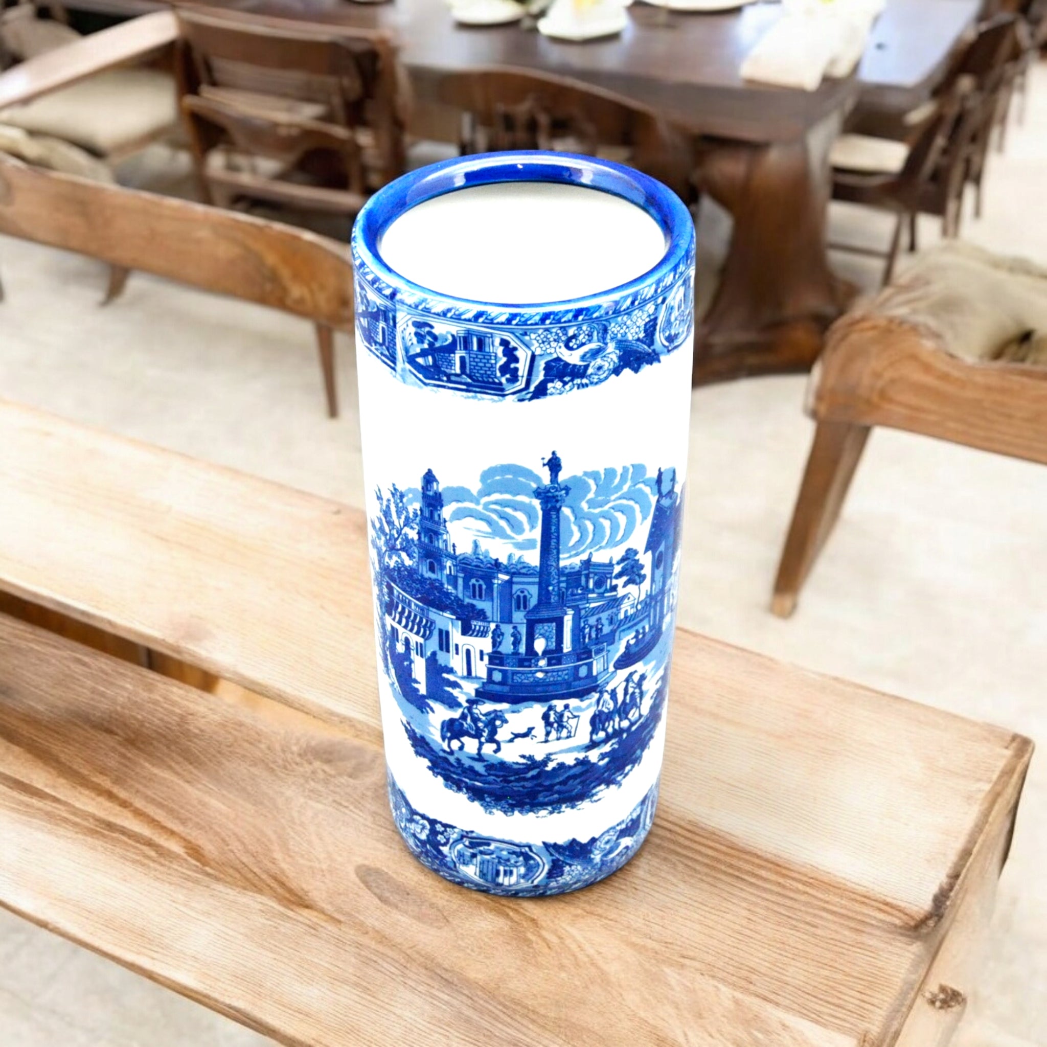 MSL 18in Round Blue & White Umbrella Stand / Vase