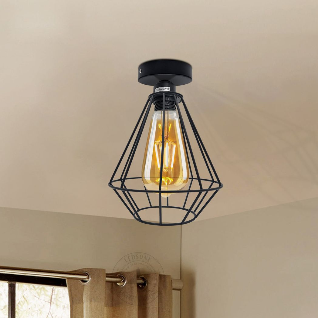 Vintage Industrial Geometric Wire Cage Ceiling Light with Metal Ceiling Rose, E27 Holder
