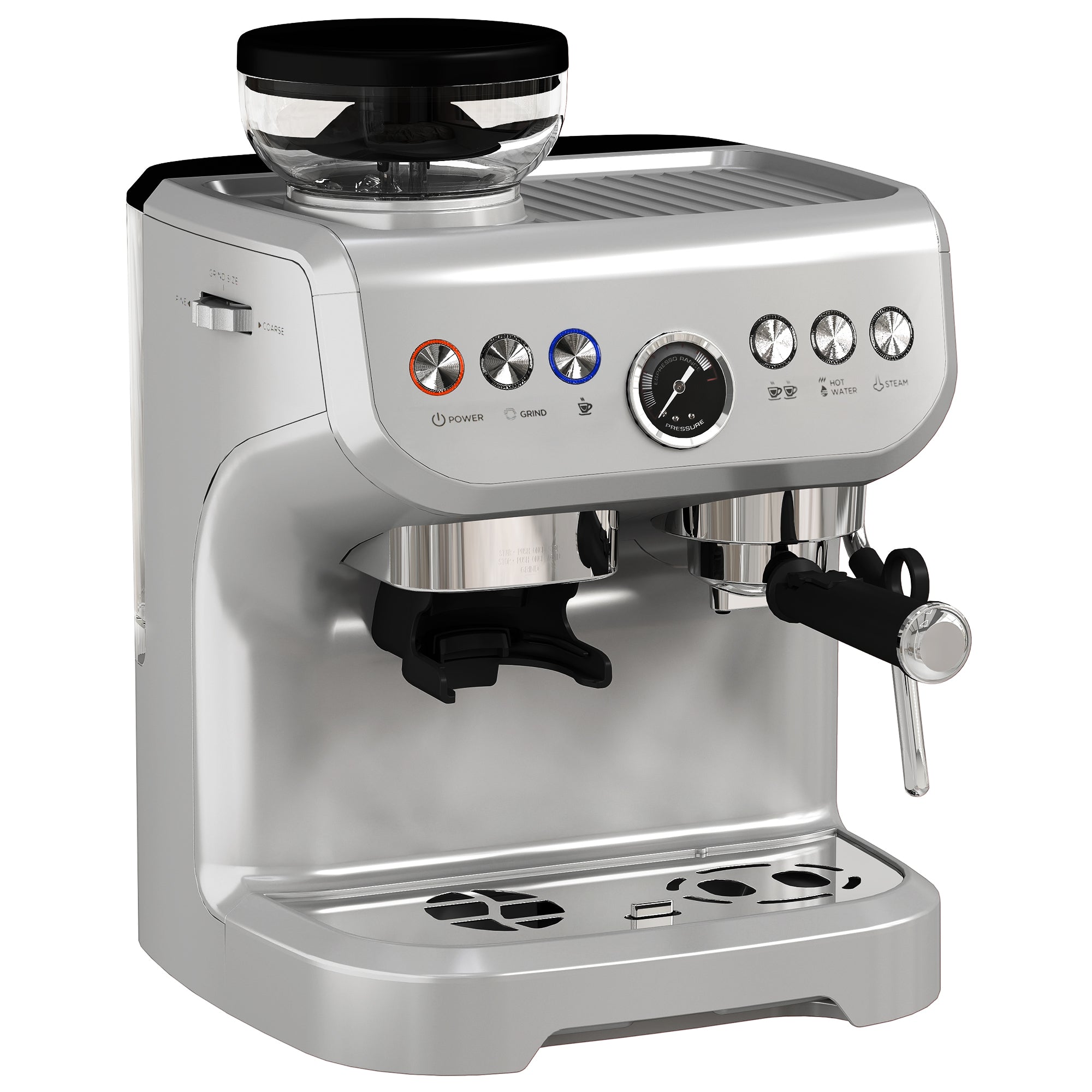 HOMCOM Espresso Machine with Bean Grinder, Steam Wand, 15 Bar, Silver