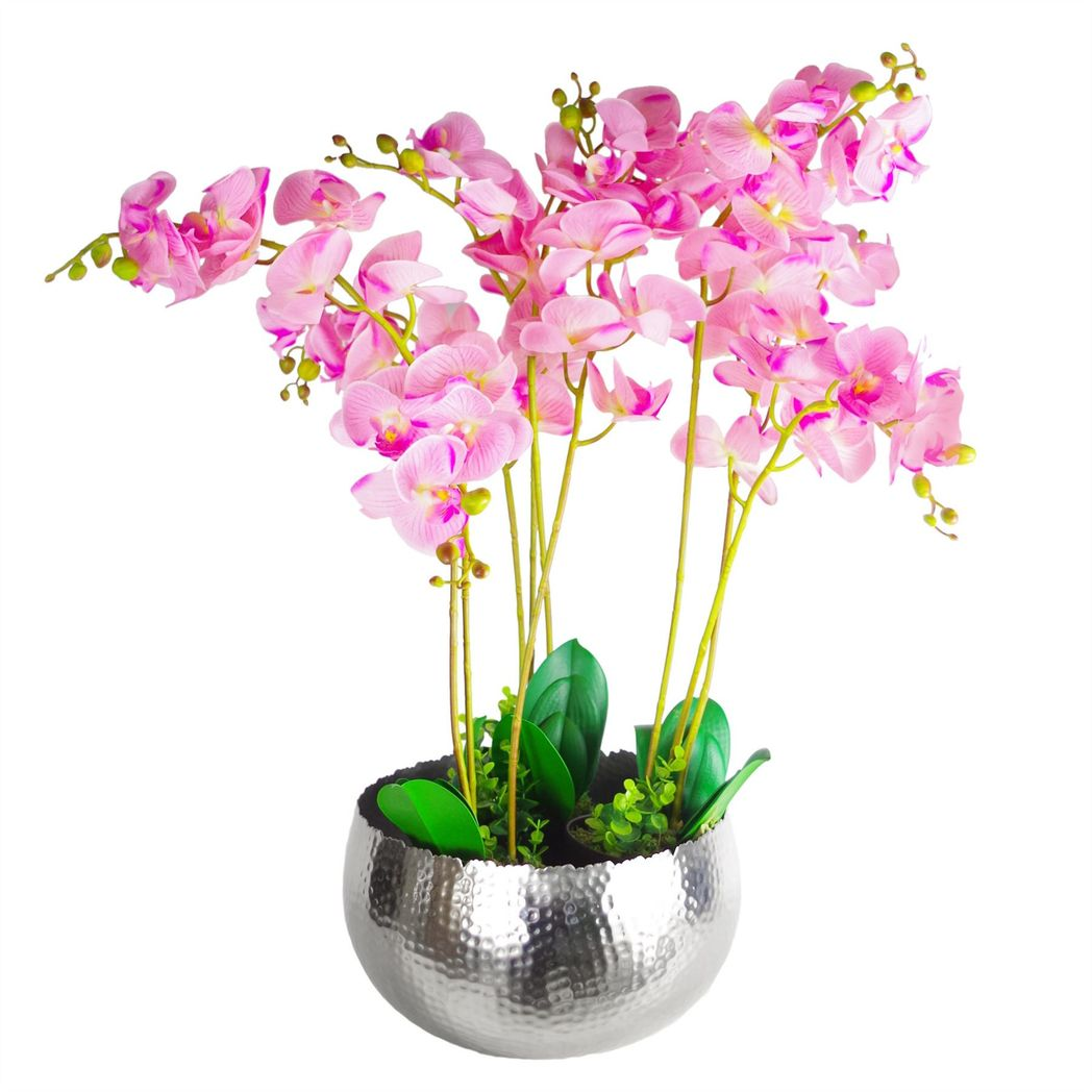 XL Hammered Silver Metal Bowl Planter 32 x 20cm Curved Edge Indoor