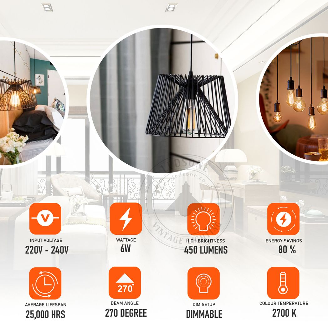 2Pack E27 LED Edison Dimmable Vintage Amber Glass Warm white 2700K Light Bulb