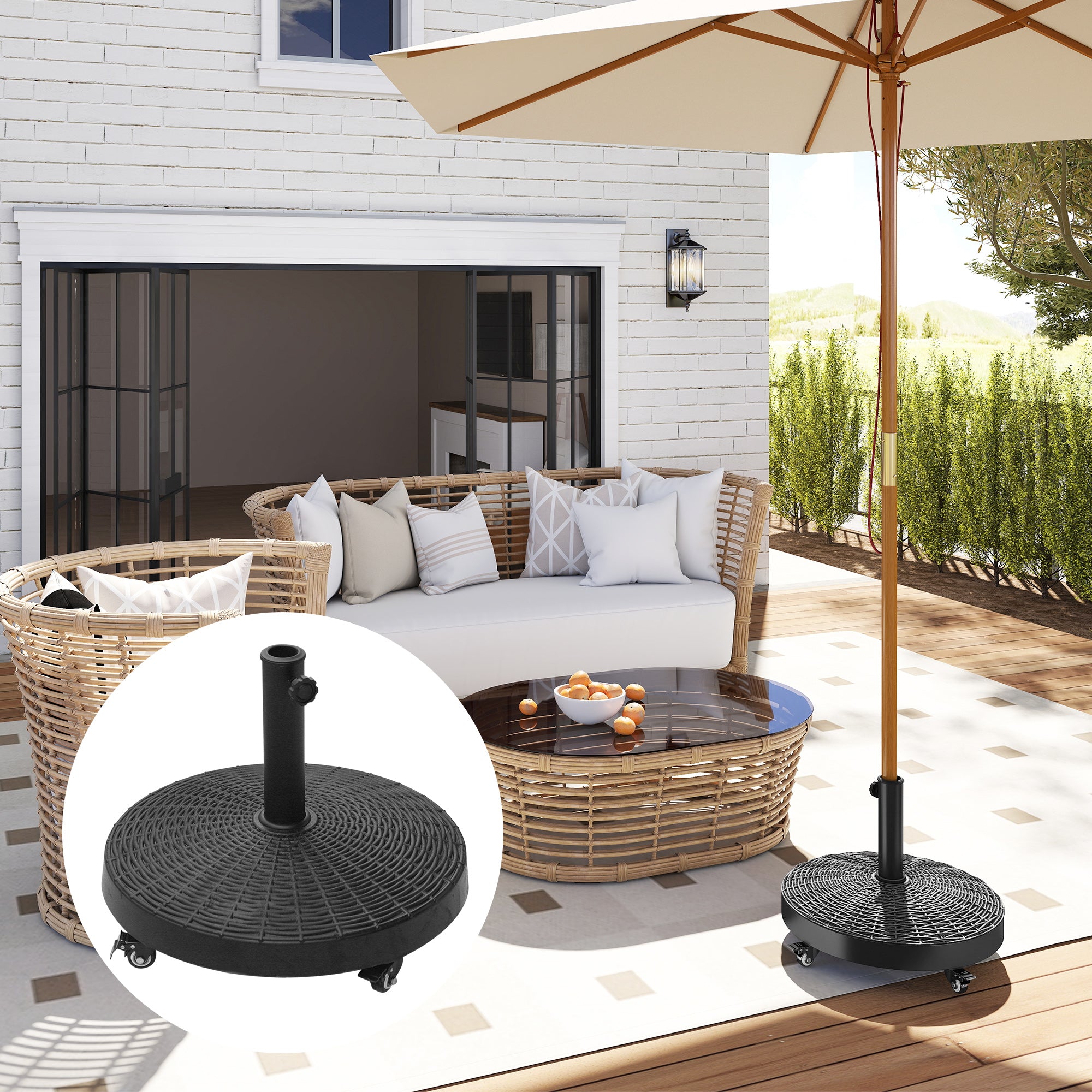 Outsunny Resin Patio Umbrella Base with Wheels, Black, Fits 38mm and 48mm Poles