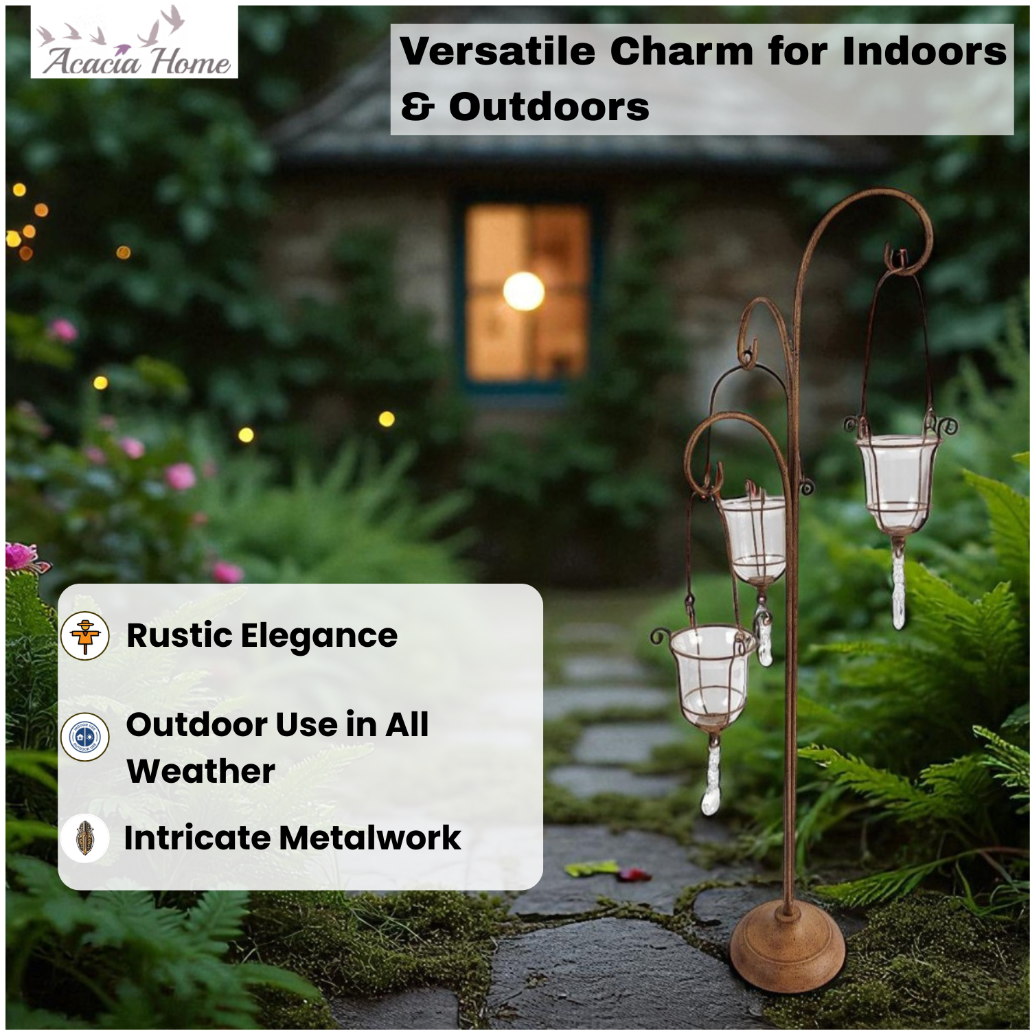 88cm Rusty Metal Candle Holder with Glass, Vintage Style