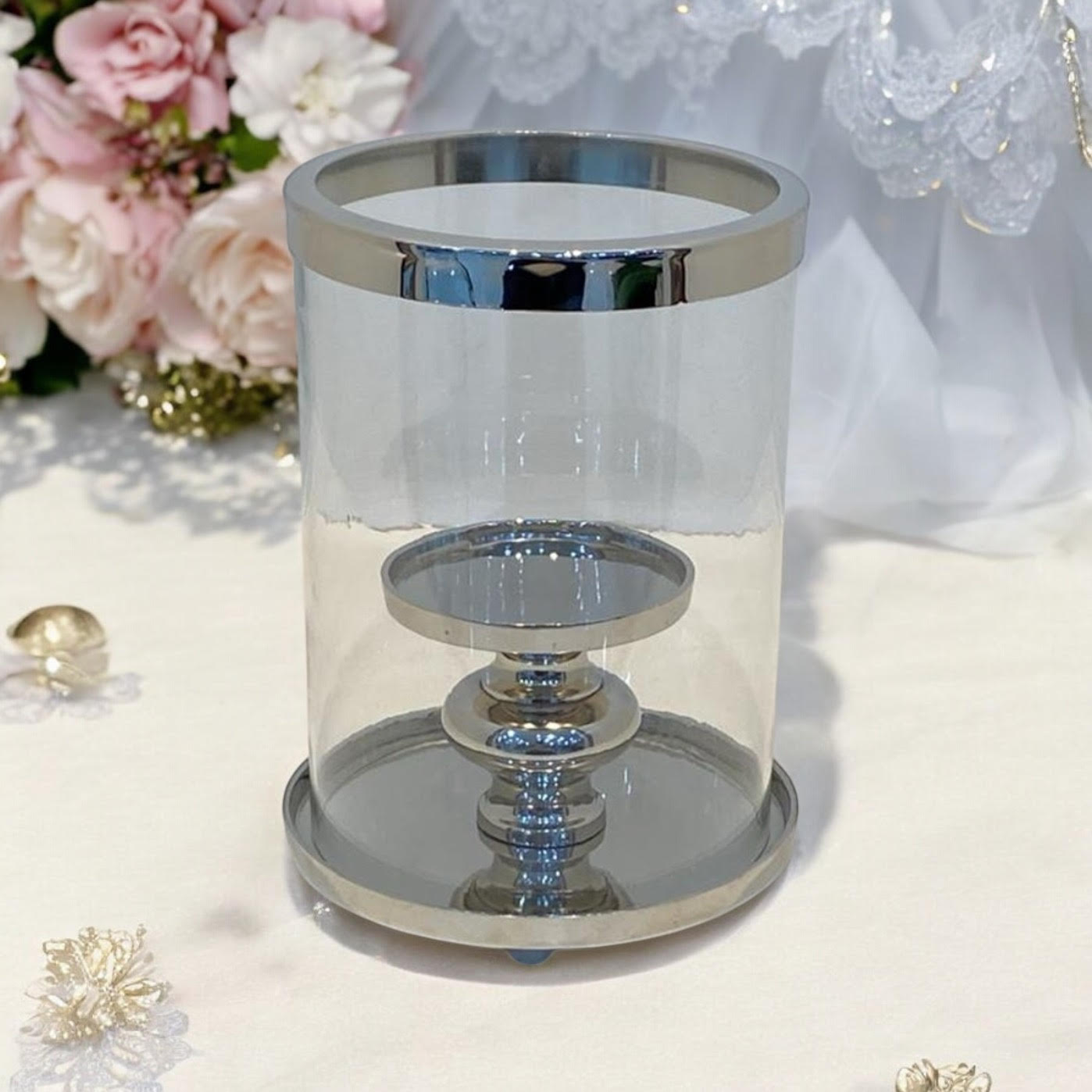 MSL 22cm Nickel Plated Hurricane Candle Holder, Distressed Finish, Hand Finished