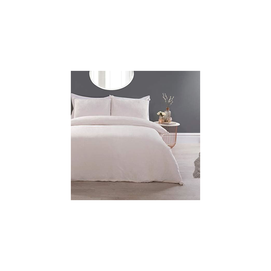 Sleepdown Pom Pom Flannel Fleece Duvet Cover Set Cream with Pillowcases