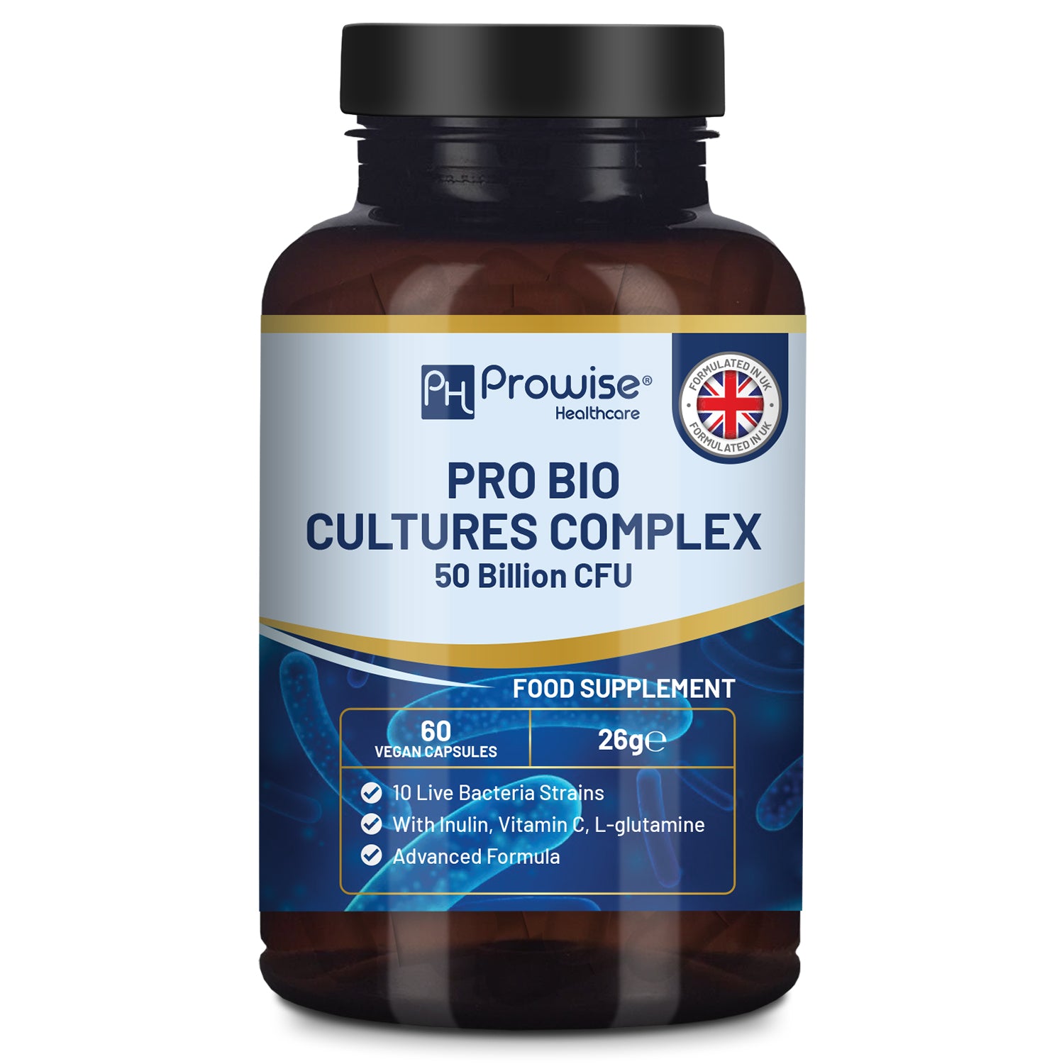 Pro Bio Cultures Complex Probiotic and Prebiotic Supplement, 10 Strains, 50 Billion CFU, with Inulin, L-Glutamine and Vitamin C, 60 Capsules