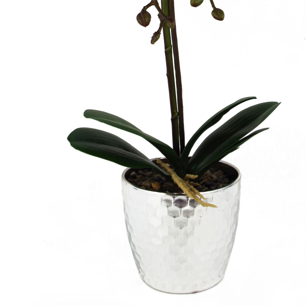 Leaf 50cm Artificial Phalaenopsis Orchid Plant, Dark Pink, Real Touch Leaves, 9 Flowers, Silver Honeycomb Pot