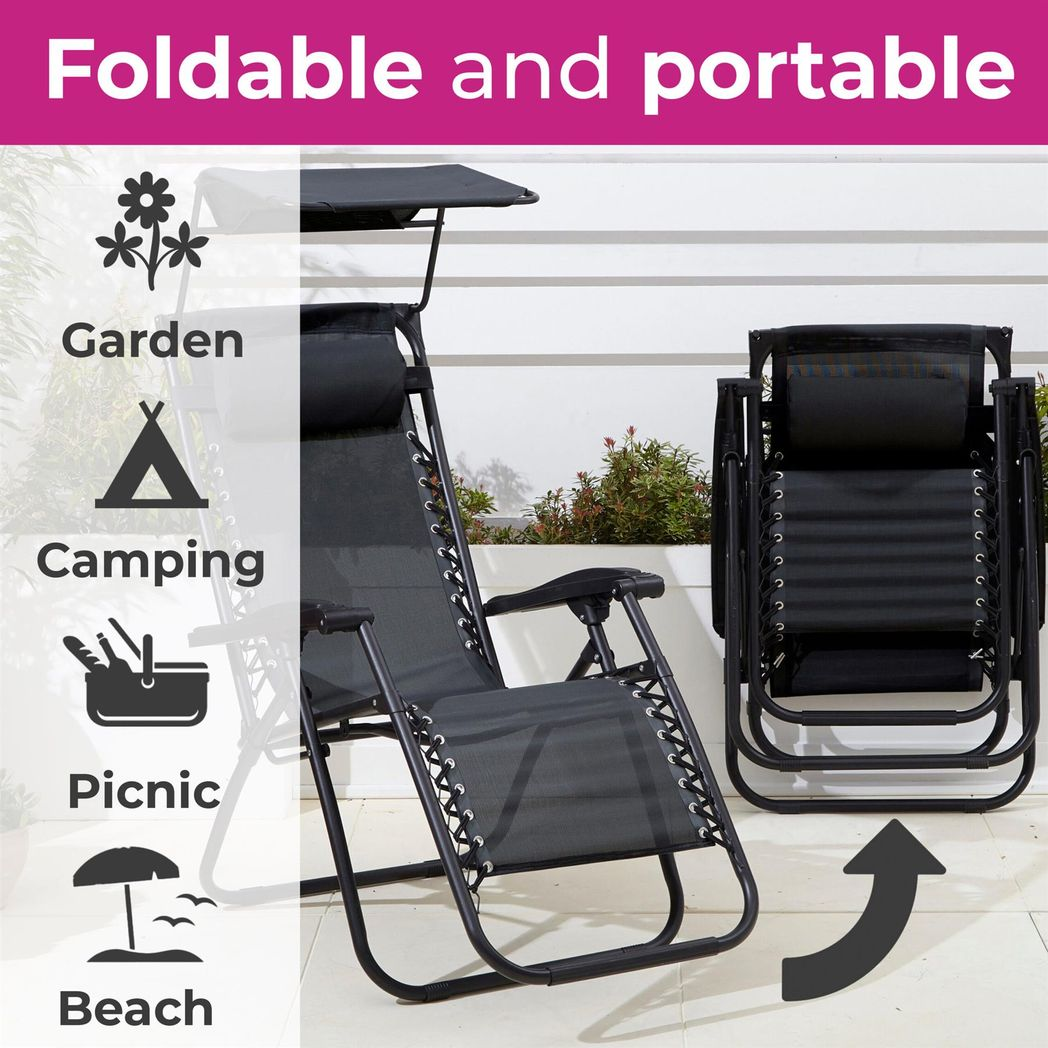 Neo Black Folding Zero Gravity Garden Chair and Table Set with 2 Reclining Chairs and Side Table