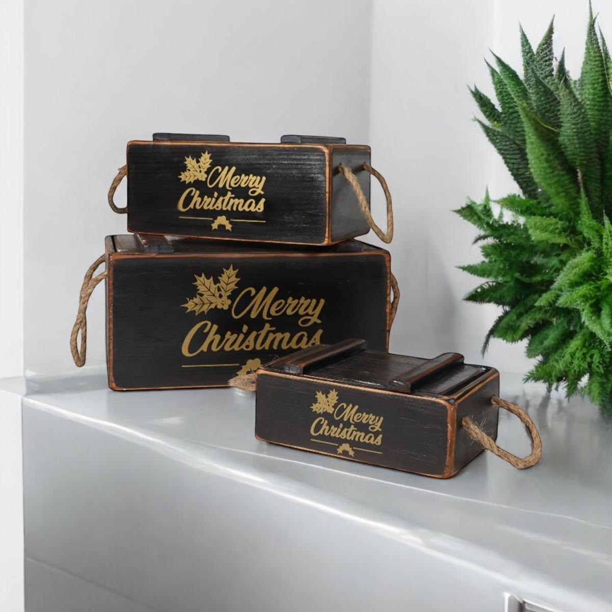 MSL Set of 3 Black Wooden Christmas Boxes with Lids, Hand Finished