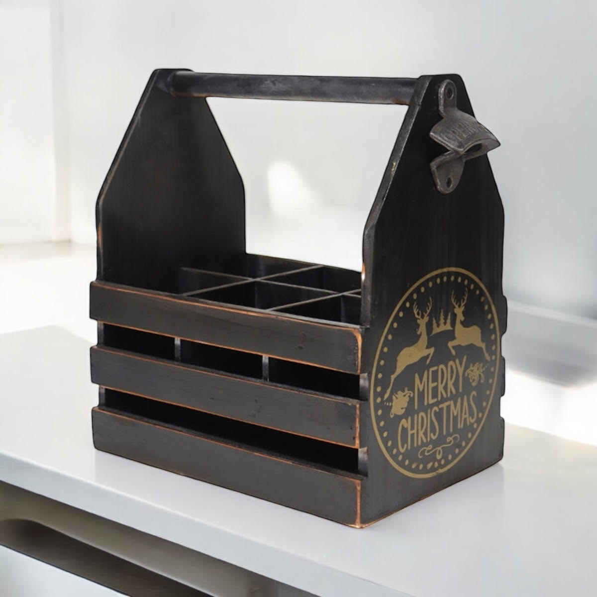 Black Rustic 6 Bottle Holder with Metal Opener, Hand Finished