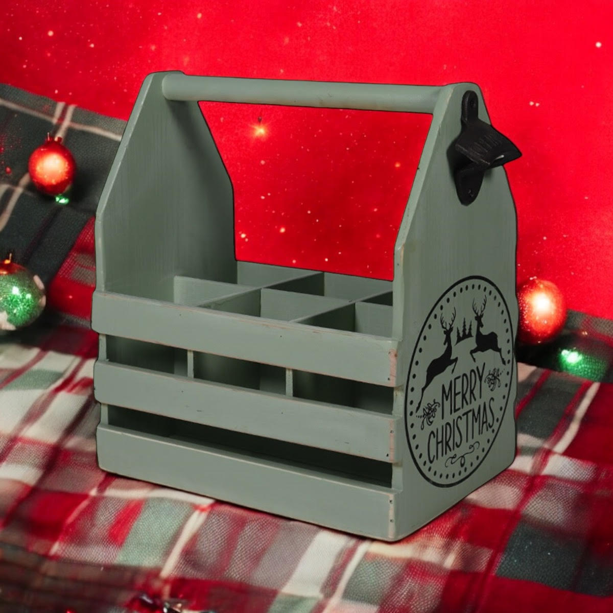 Rustic Green 6-Bottle Holder with Opener Hand Finished Wine Caddy for Beer Lovers