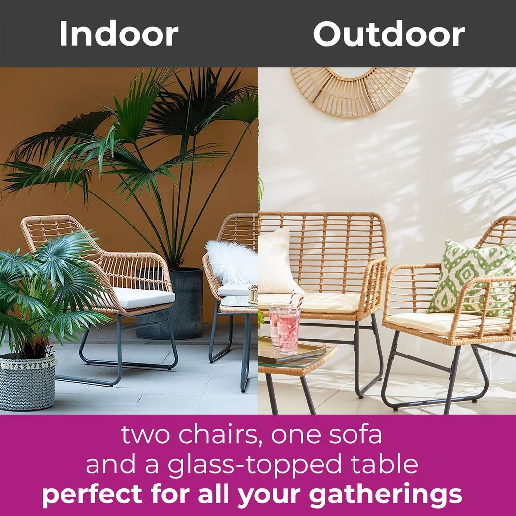 Neo 4 Piece Rattan Garden Sofa Set with Glass Table and Cushions