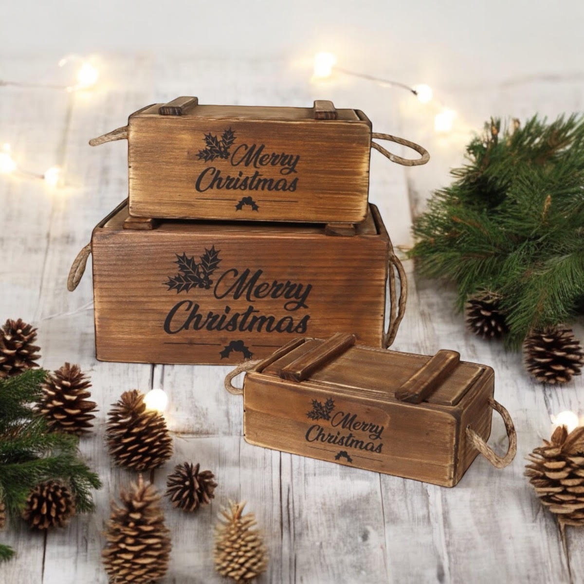 Set of 3 Hand Finished Wooden Christmas Boxes with Lids