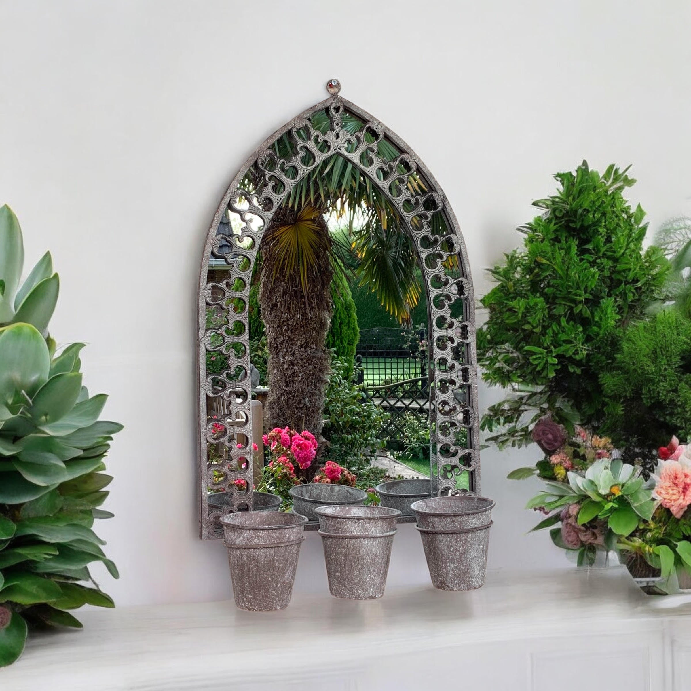 MSL 78cm Rustic Wall Mirror with 3 Planter Holders and Pot