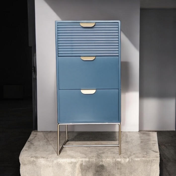 MSL 64cm Blue Wooden 3-Drawer Bedside Table with Scalloped Edge Design