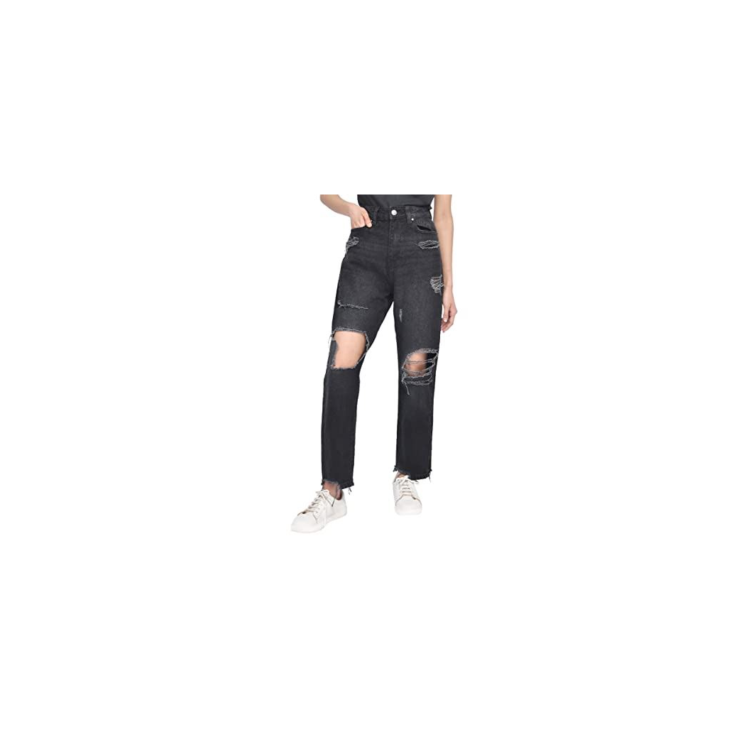 M17 High Waisted Torn Hem Rip Mom Jeans Black