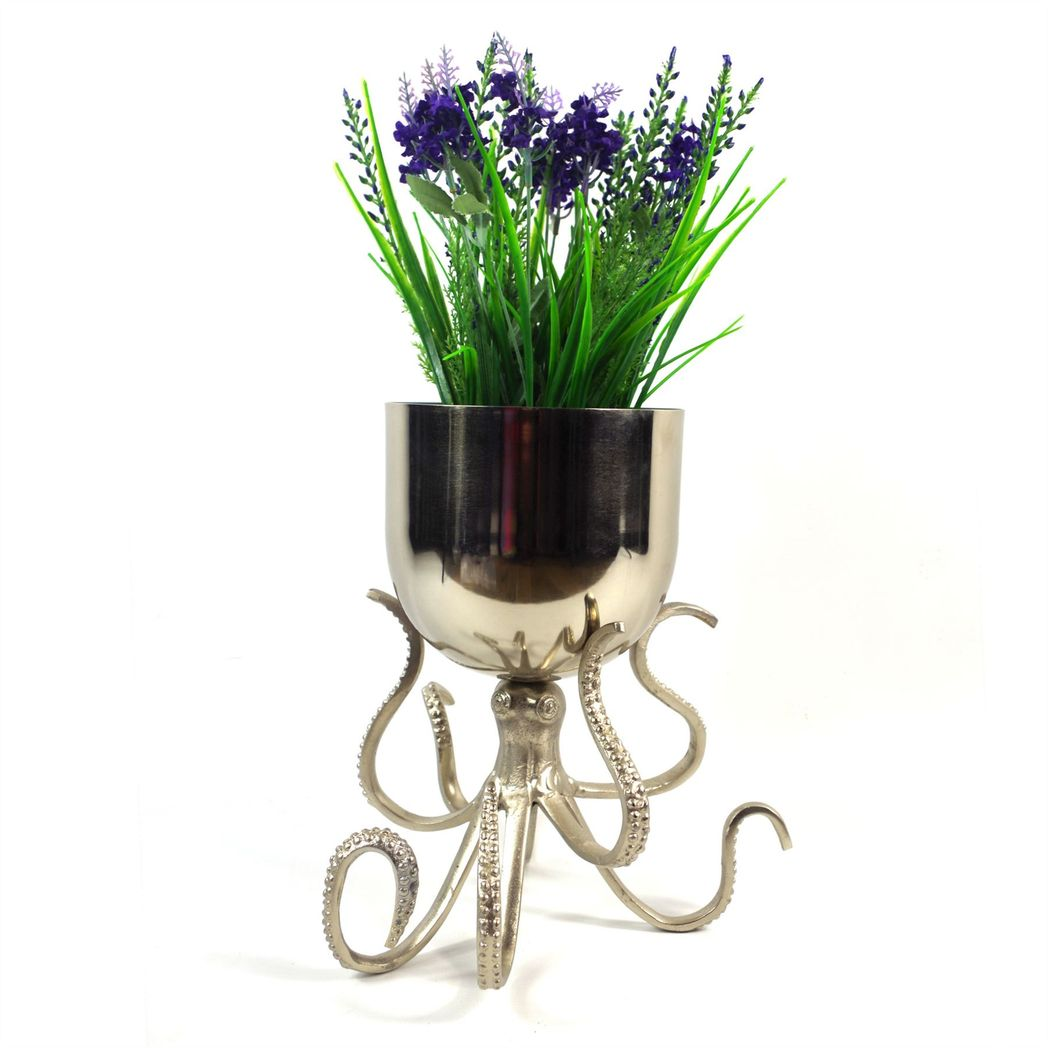 Silver Metal Octopus Bowl Style Planter with Stand