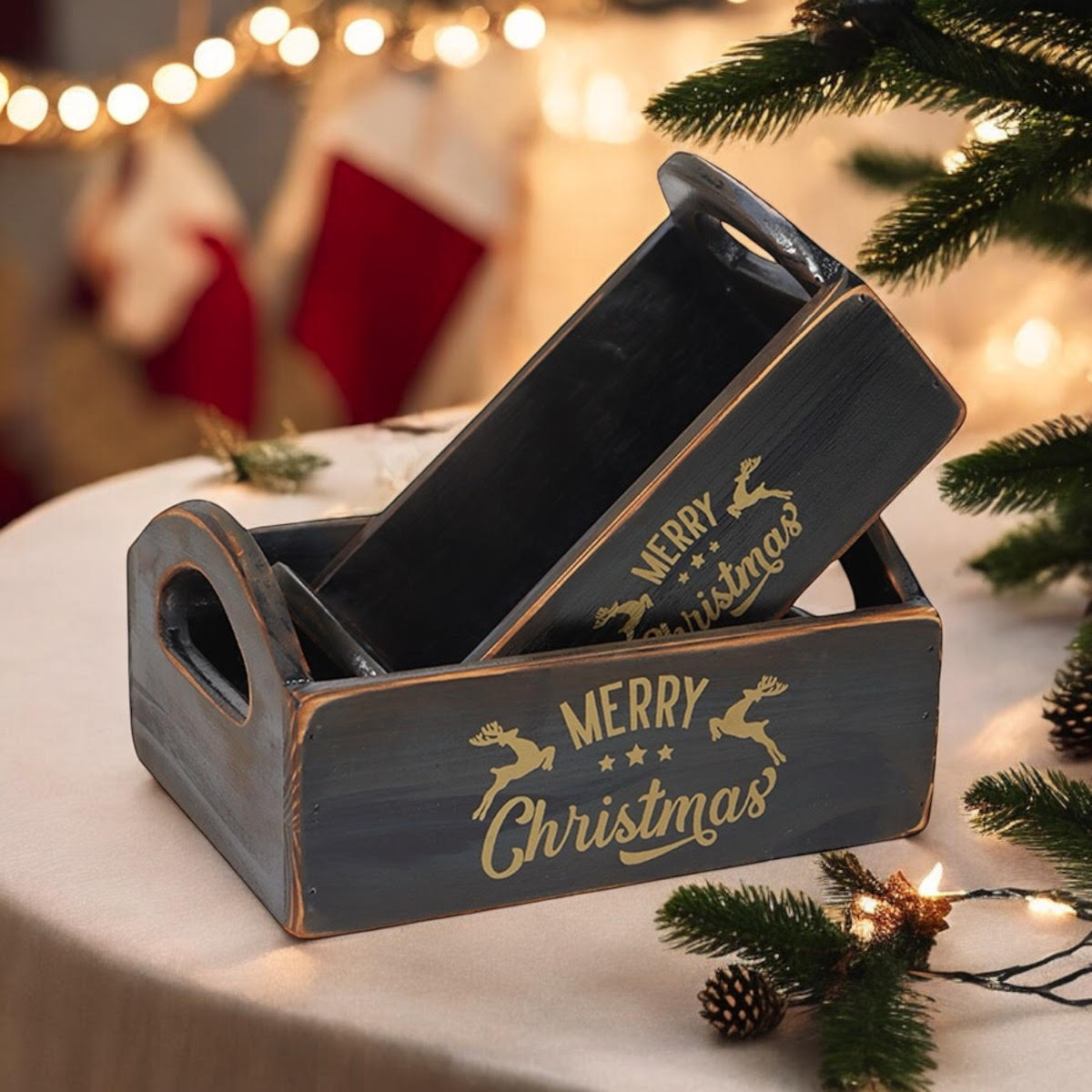 MSL Set of 2 Black Wooden Christmas Boxes, Hand Finished