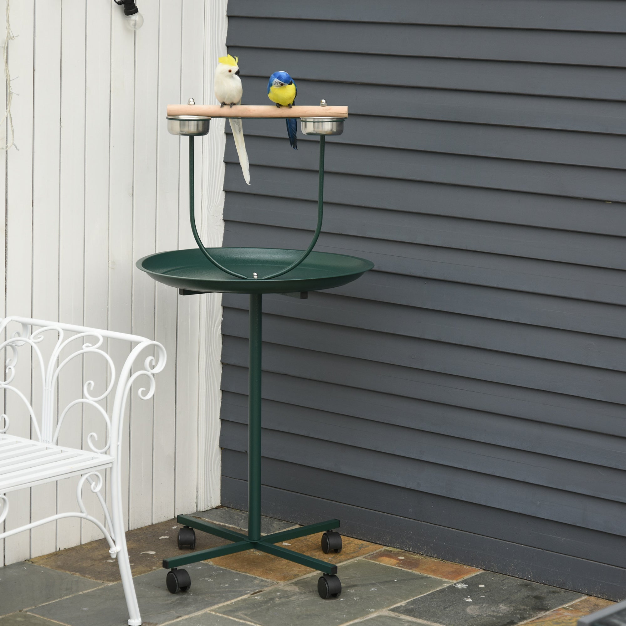 PawHut Bird Perch Stand T-Stand with Wood Perch, Tray, 2 Bowls, Wheels and Brake, Green