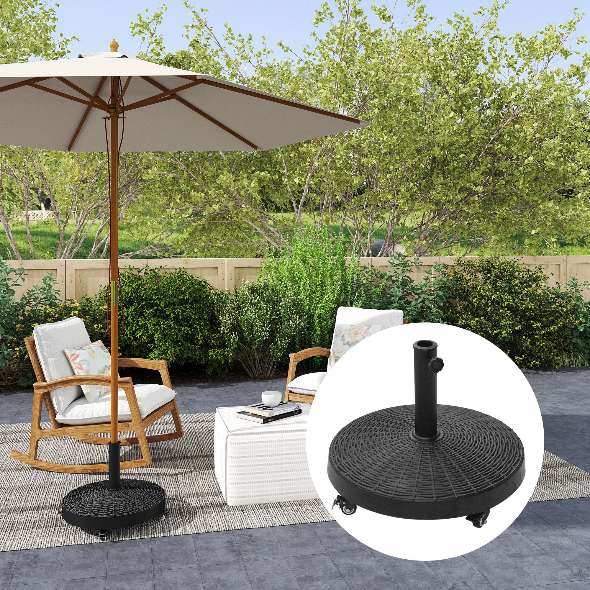 Outsunny Resin Patio Umbrella Base with Wheels, Black, Fits 38mm and 48mm Poles