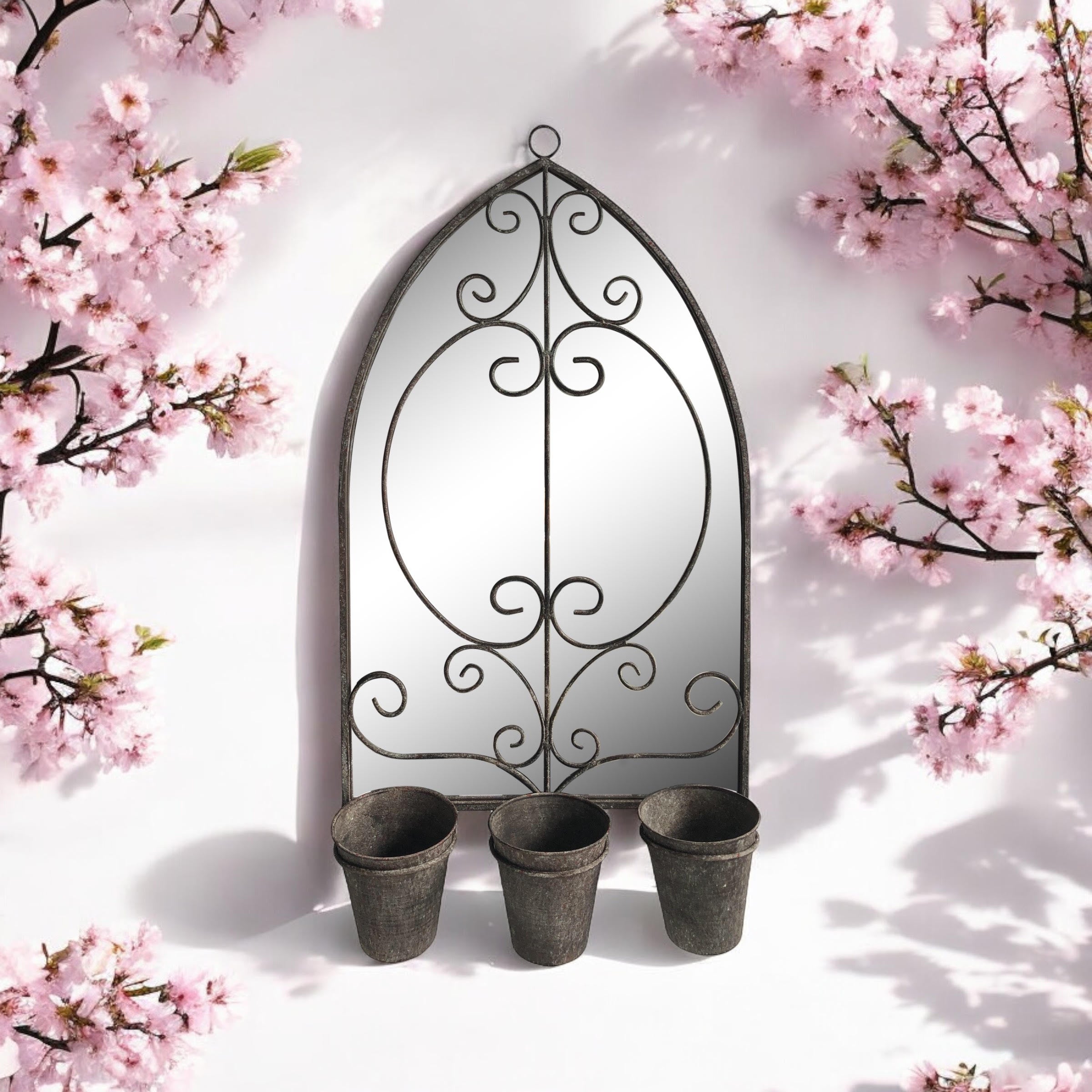 73cm Rusty Wall Mirror with Triple Planter Holders and Pots