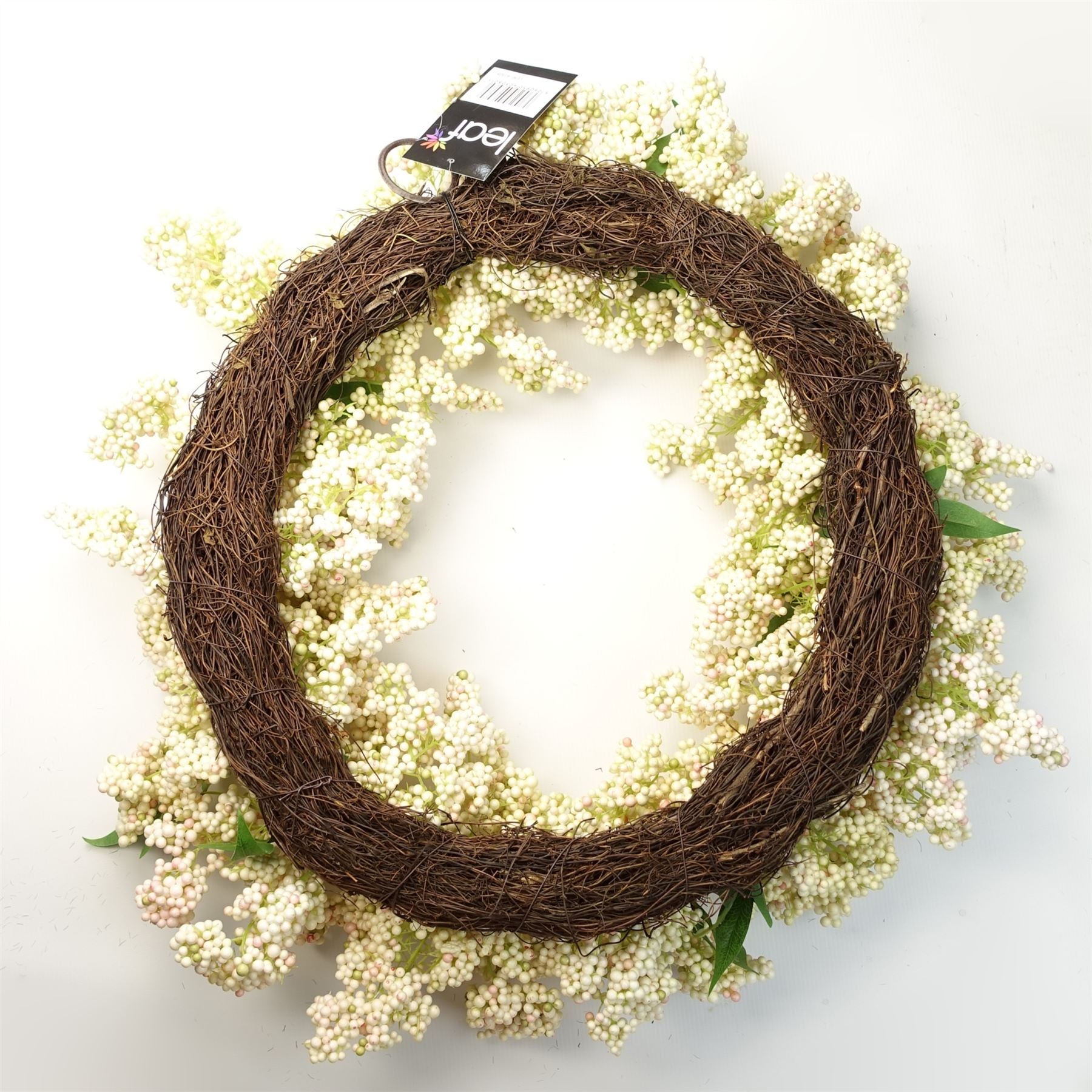 Leaf 55cm Artificial Hanging White Berry Wreath, 60cm Diameter, 45cm Woven Base