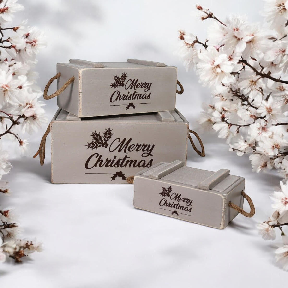 MSL Set of 3 Rustic Grey Wooden Christmas Crates with Lids and Rope Handles, Hand Finished
