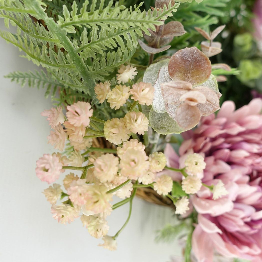 Leaf 45cm Artificial Pink Blossom Wreath on Natural Woven Base