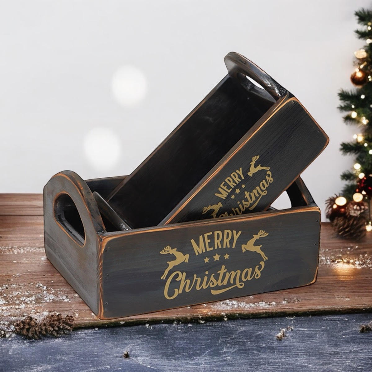 MSL Set of 2 Black Wooden Christmas Boxes, Hand Finished